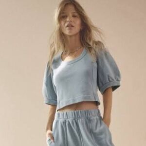 Aerie Cropped Seams Right Puff Short Sleeves Sweatshirt Blue Size L